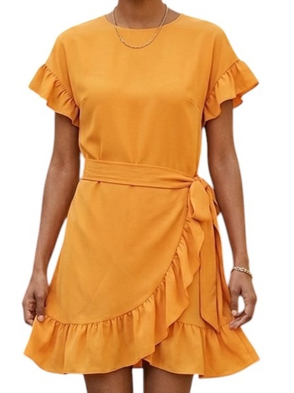 Wilfred NWOT Mustard Orange Wrap Ruffle Mini Dress Size S